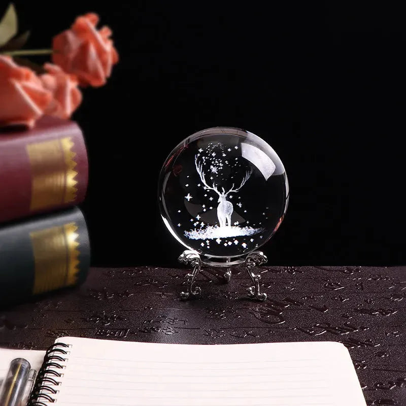 Crystal internally carved elk crystal ball - Bellarte Enchanté Crystal internally carved elk crystal ball